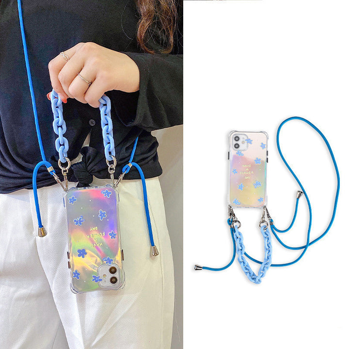 Blue Flower Portable Crossbody Lanyard Phone Case