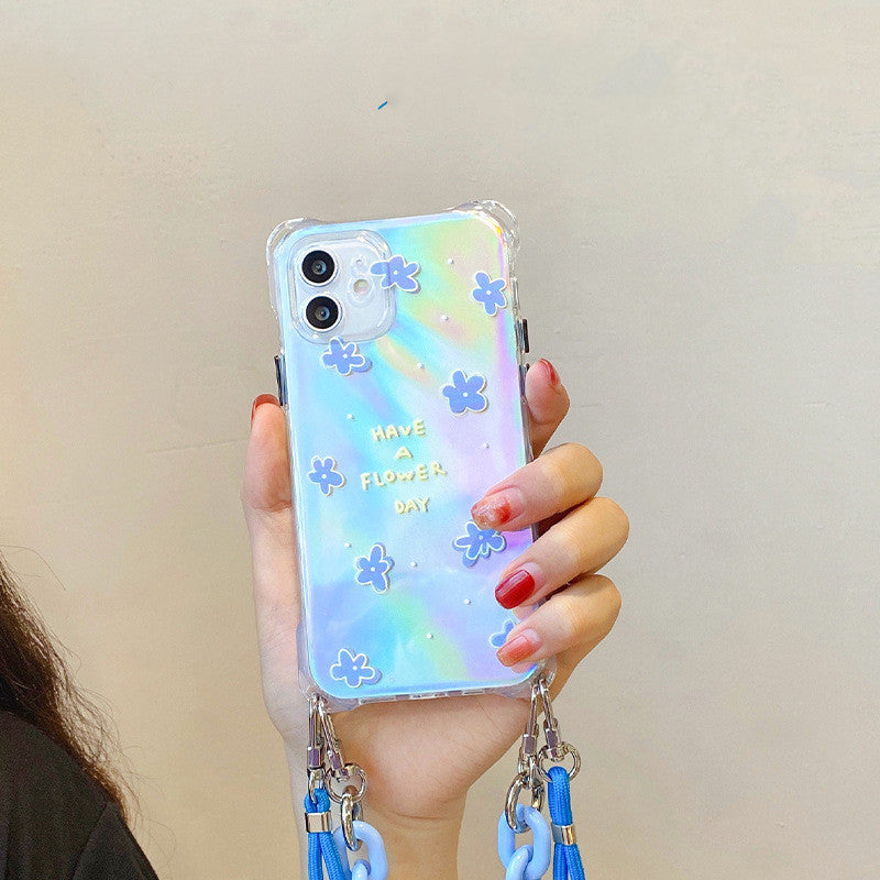 Blue Flower Portable Crossbody Lanyard Phone Case