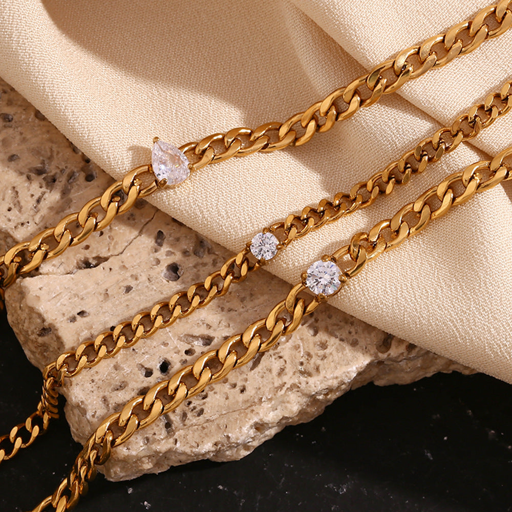 Simple Stainless Steel 18K Gold Plating Zircon Chain Bracelet