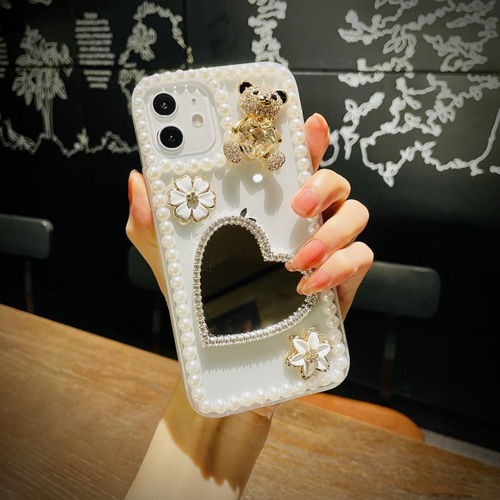 Love Heart Mirror Bling Glitter Pearl Telefon