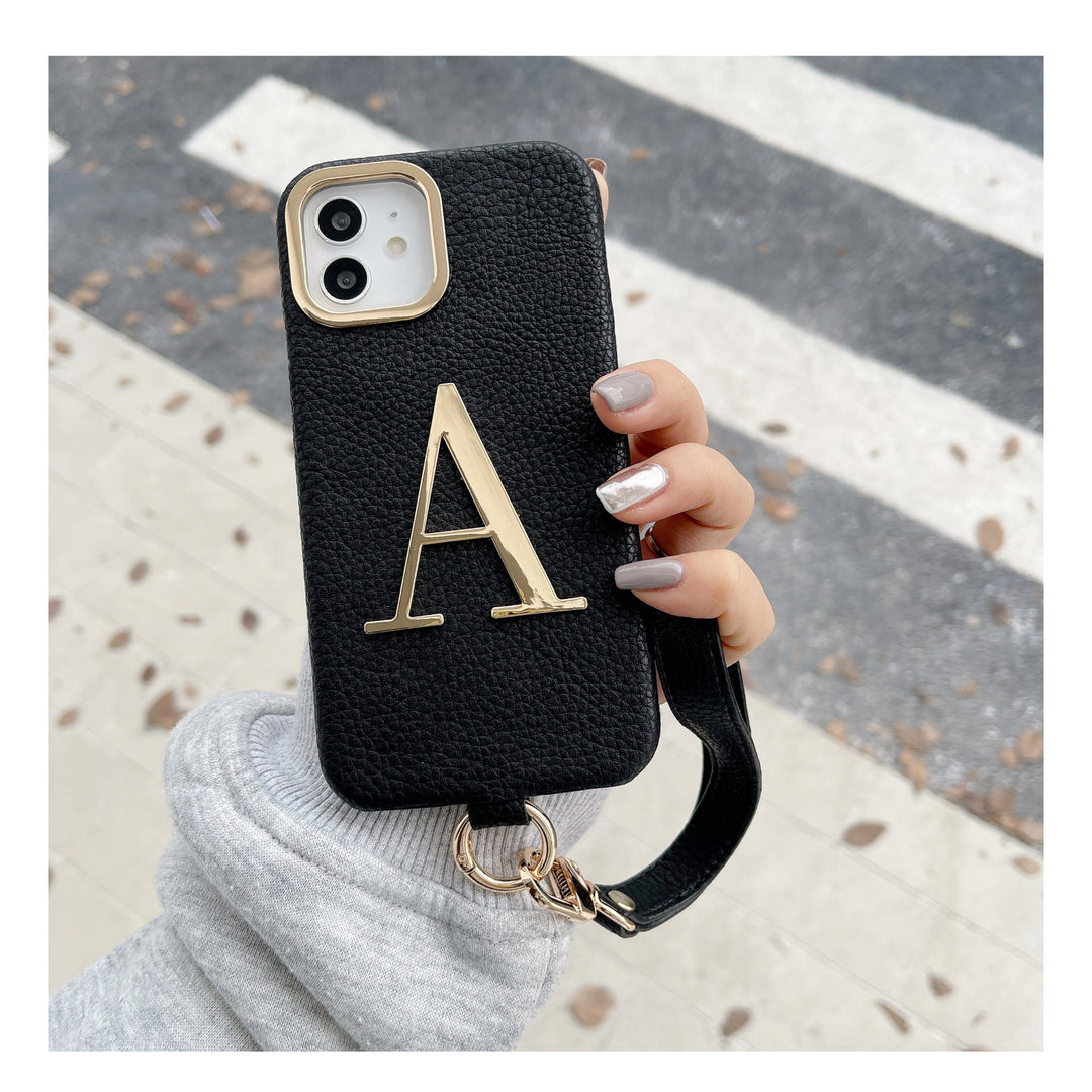 Litchi Pattern PU Metal Letter Phone Case