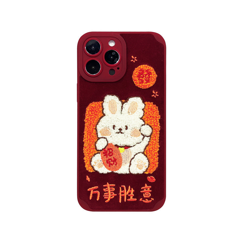 New Year Red Embroidery Charm Rabbit Phone Case