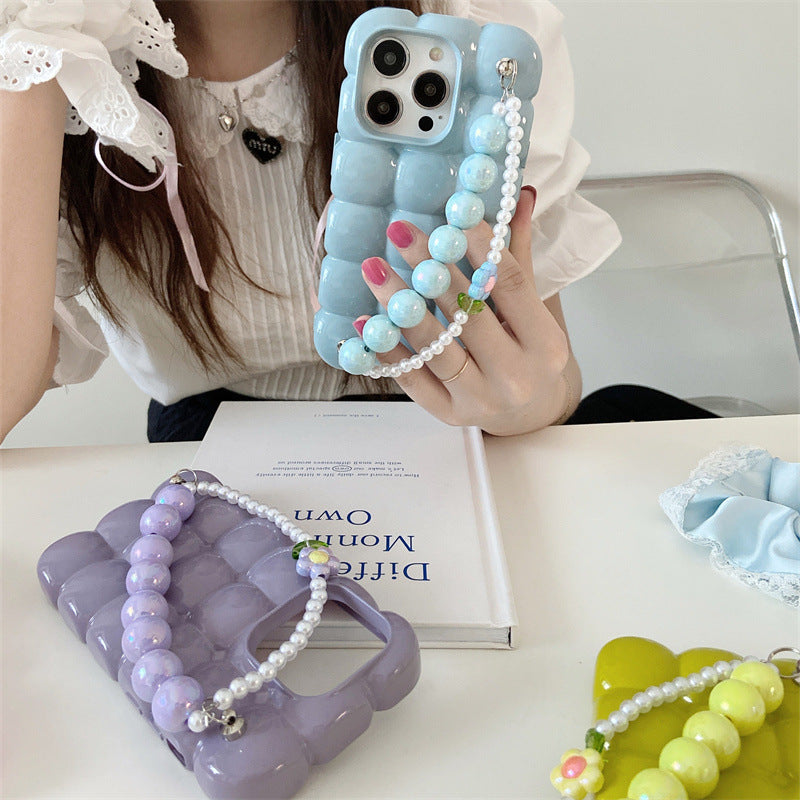 Macaron Solid Color Plaid Flower Wristband Phone Case