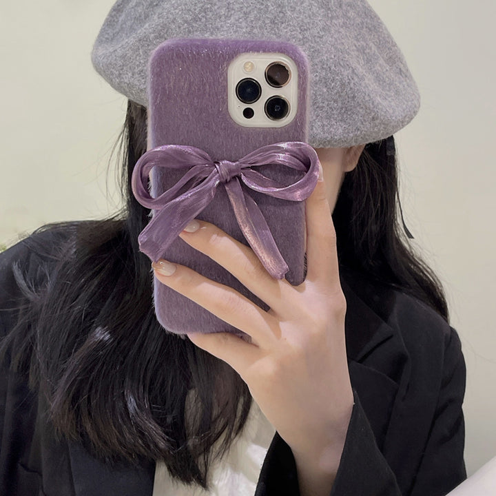 Korean Style Silk Bow Phone Case Mink Plush