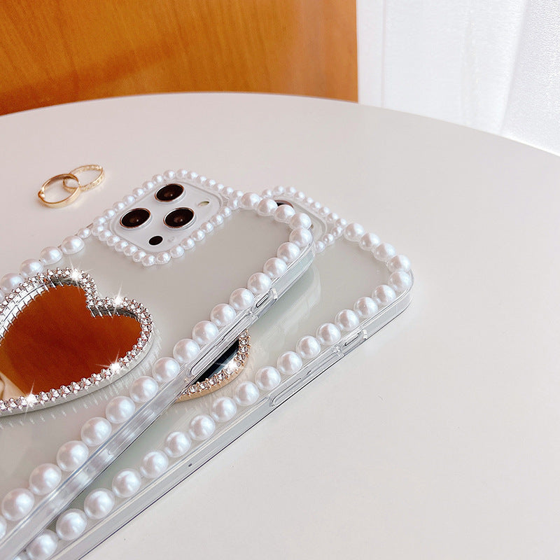 Acrylic Pearl Heart Mirror Rhinestone Mobile Phone Shell