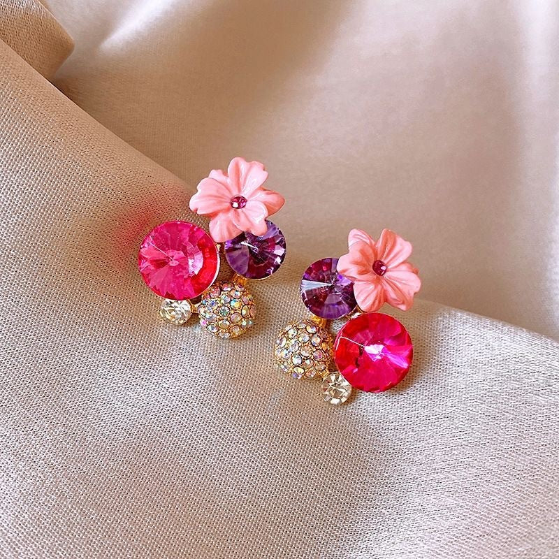 Vintage Color Contrast Diamond Flower Stud Earrings Fashion