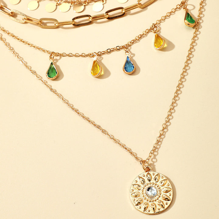 Alloy Clasp Rhinestone Tassel Concave Convex Circular Pendant 4-layer Necklace