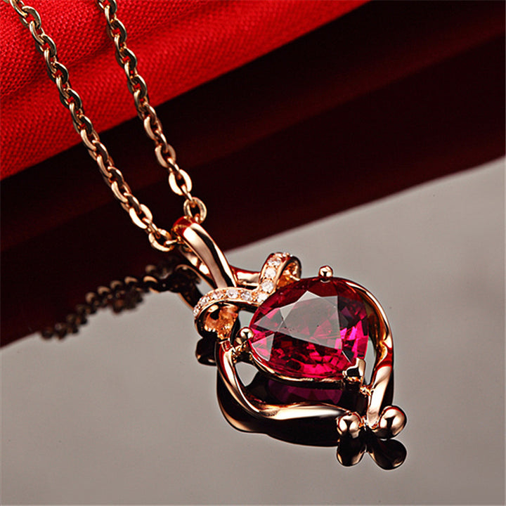 Women's Diamond Heart Pendant Necklace 18K Plated With Red Tourmaline