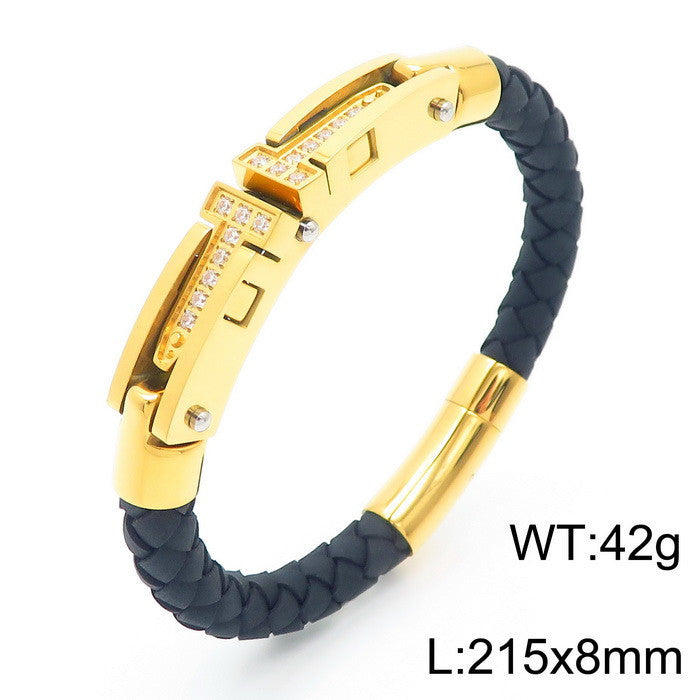 European And American Titanium Steel Personality Men's Weaving Leather Bracelet