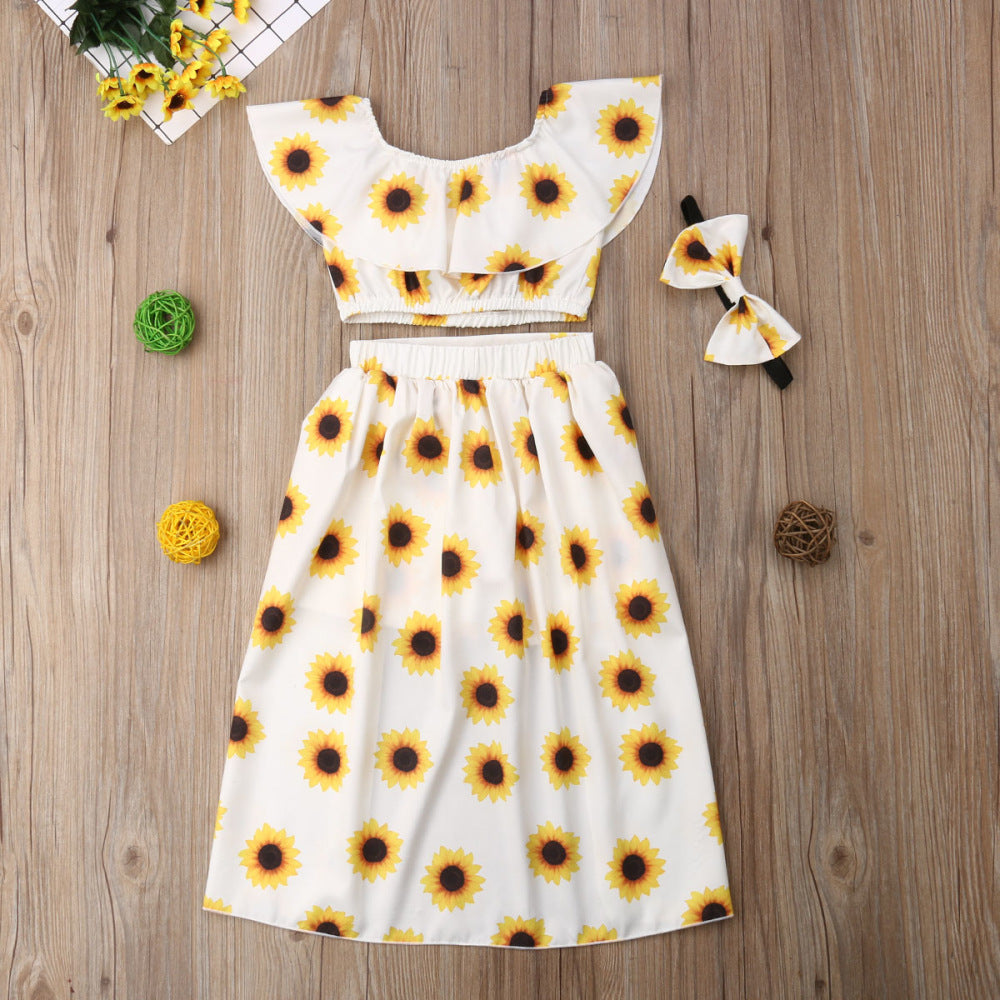 Children's Clothing New Sunflower SUNFLOWER Top Culottes Hair Band Three-piece Set