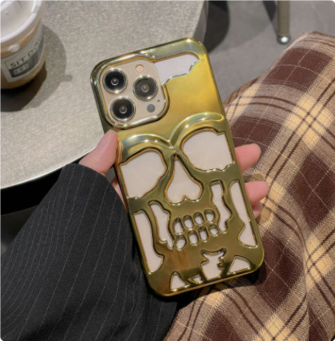 Luxury Plating 3D Skull Phone Case Breathable Glossy Hollow Out Gold Metallic Paint