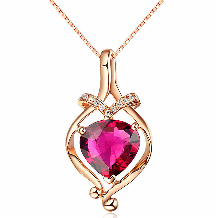 Women's Diamond Heart Pendant Necklace 18K Plated With Red Tourmaline