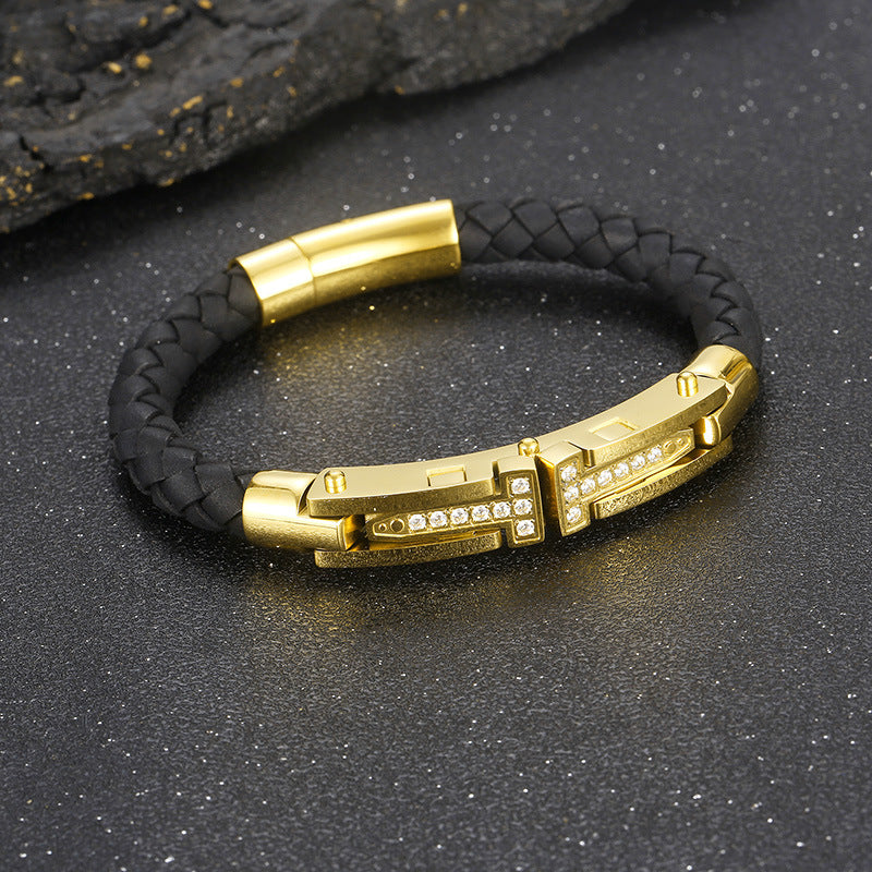 European And American Titanium Steel Personality Men's Weaving Leather Bracelet