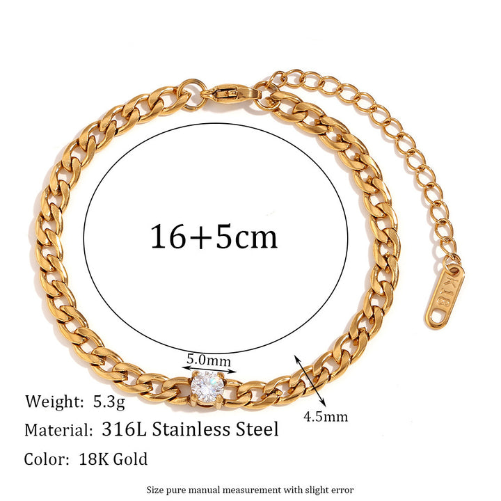 Simple Stainless Steel 18K Gold Plating Zircon Chain Bracelet