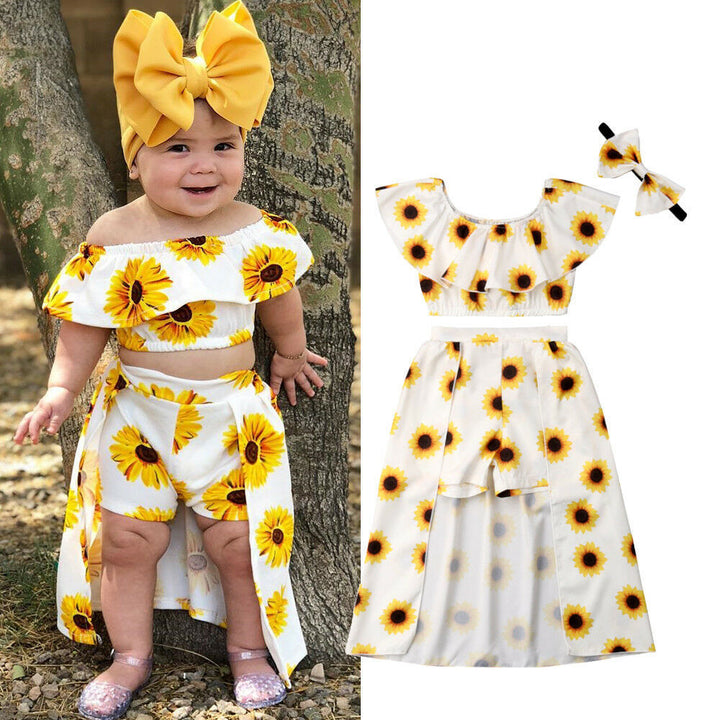 Children's Clothing New Sunflower SUNFLOWER Top Culottes Hair Band Three-piece Set