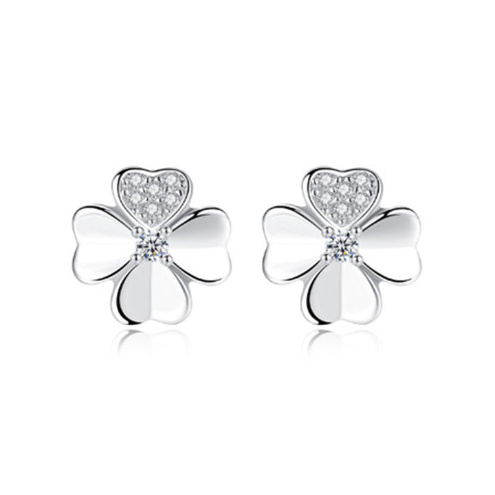 Zircon Lucky Four-sided Grass Heart-shaped Stud Earrings