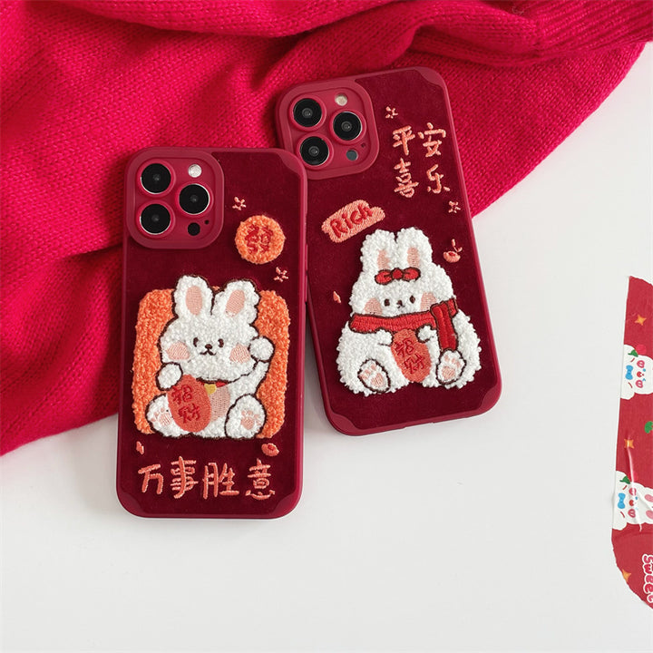 New Year Red Embroidery Charm Rabbit Phone Case