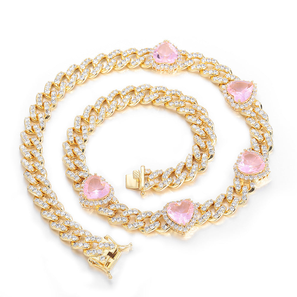 Love Pink Zircon Cuban Link Chain Women's Necklace