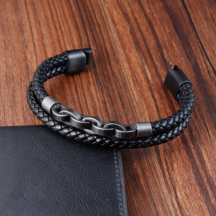 Black Genuine Leather Chain Bracelet Magnetic Buckle