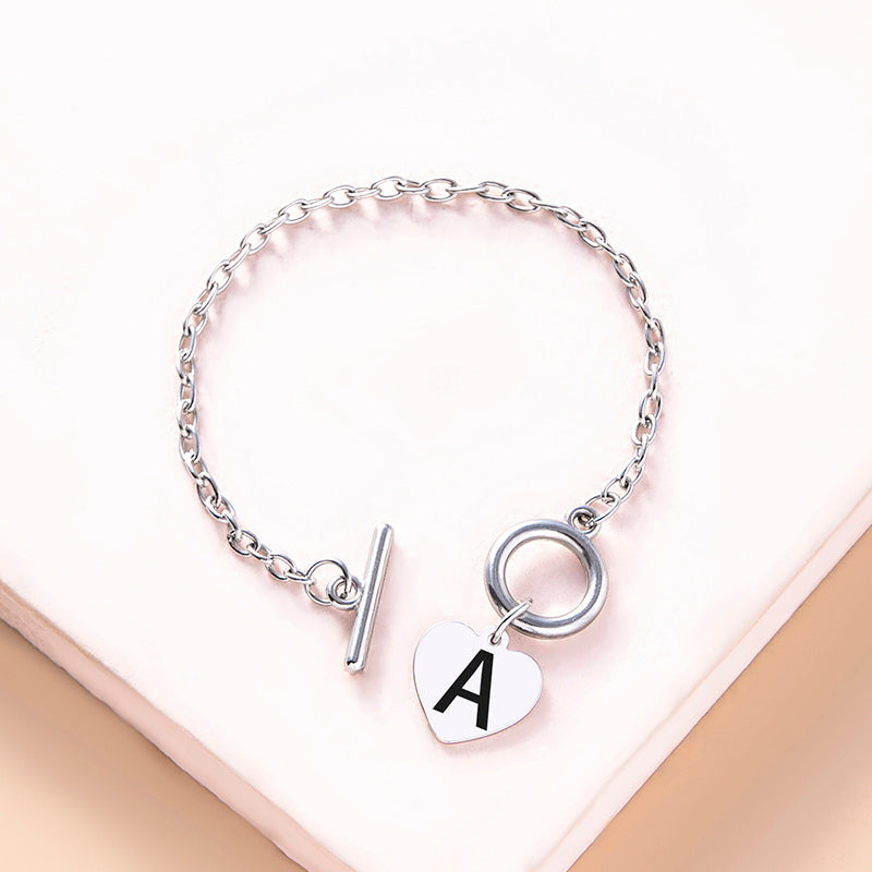 Silver Color Link Chain OT Buckle Clasp Bracelet 26 Initial Letter Heart Charms Bracelets For Women Girls