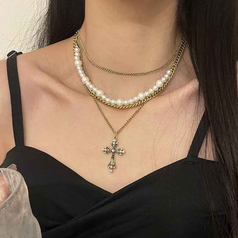 Fashion Personalized Multi-Layered Pearl Cross Pendant Necklace Clavicle Chain For Women Temperament Jewelry Accessories Gifts