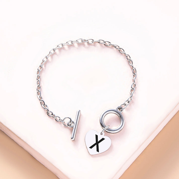 Silver Color Link Chain OT Buckle Clasp Bracelet 26 Initial Letter Heart Charms Bracelets For Women Girls