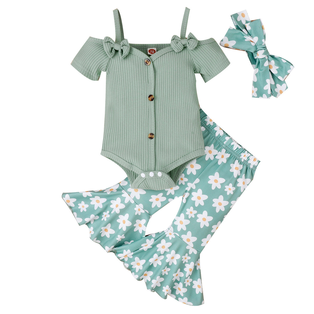 Baby Girl Toddler Summer Bow Suspenders V-neck Short Sleeve Onesie Printed Bell-bottom Pants