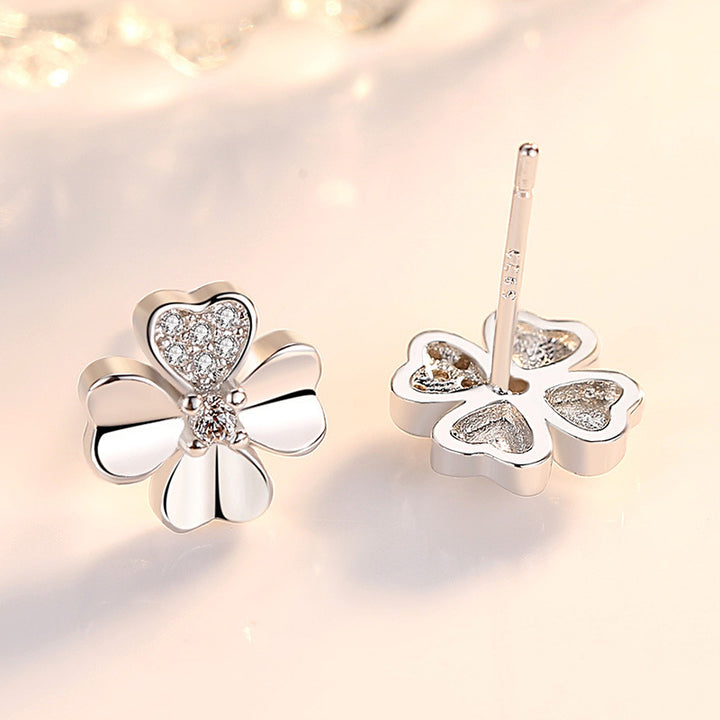 Zircon Lucky Four-sided Grass Heart-shaped Stud Earrings