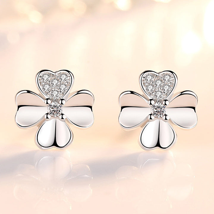 Zircon Lucky Four-sided Grass Heart-shaped Stud Earrings