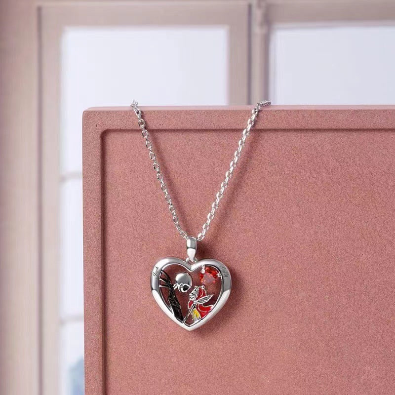 Halloween Heart-shaped Skull Necklace With Rhinestones Couple Love Clavicle Necklace Men And Women Jewelry Accessories