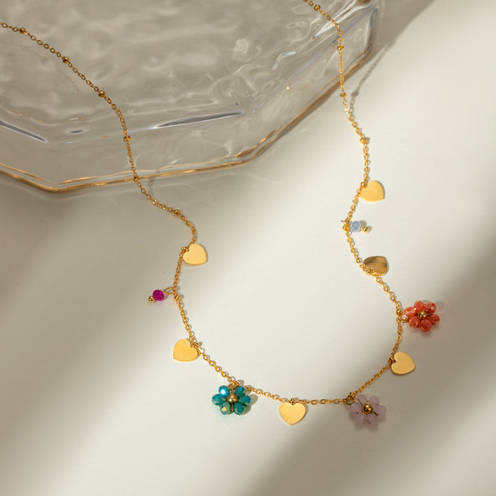 18K Gold Stainless Steel Colored Glass Bead Flower Necklace