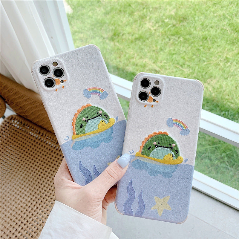 Embroidery Cartoon Swimming Small Dinosaur Phone Case Soft