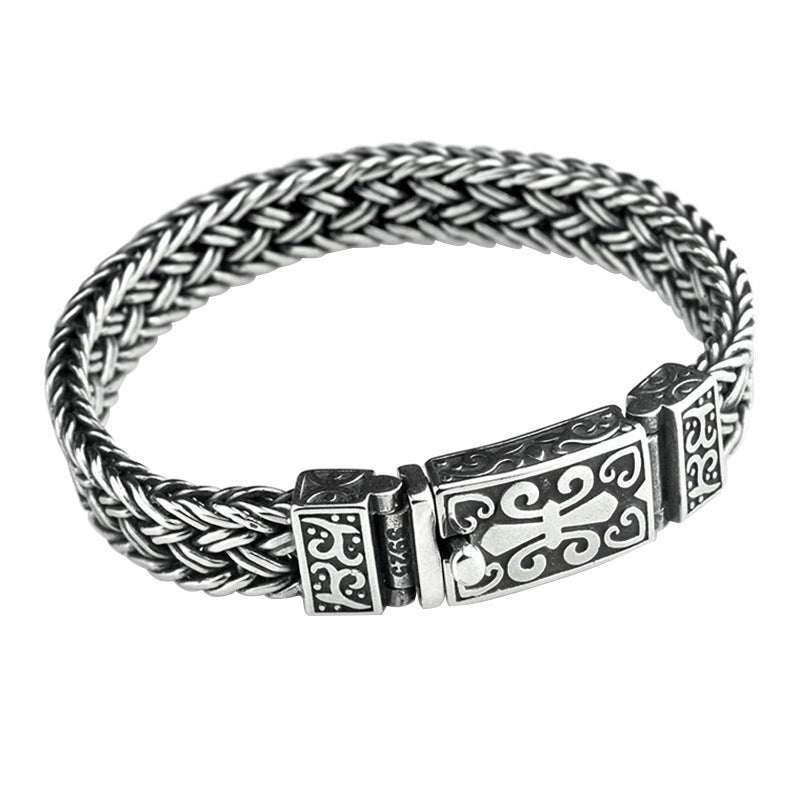 S925 Silver Wide Version Braided Bracelet Men's Thick Generous Ring Buckle Interlock Bracelet