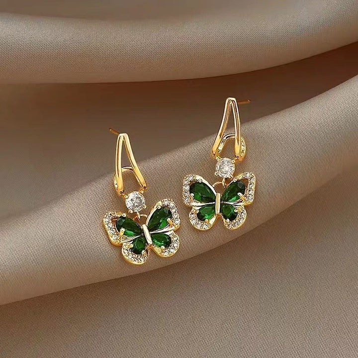 French Retro Green Zirconium Butterfly Earrings For Women