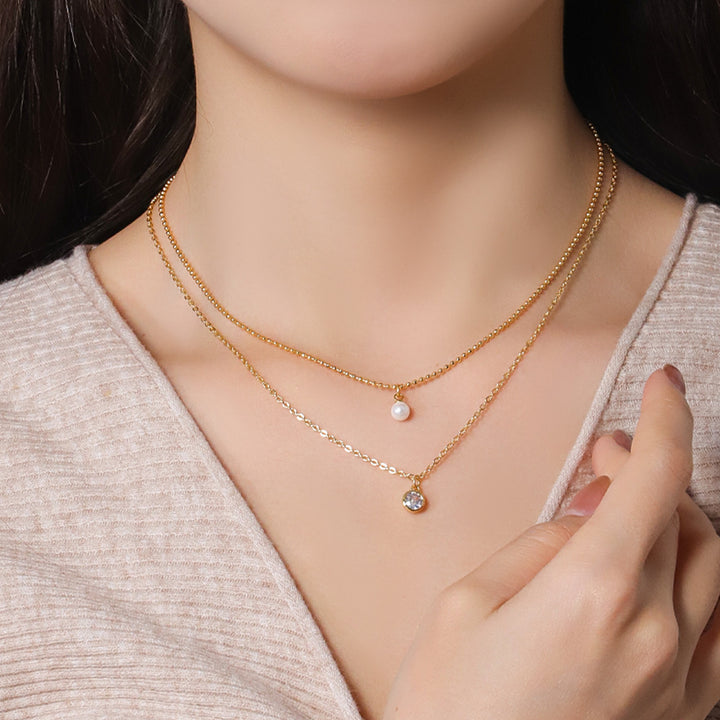 Simple All-match Copper Inlaid Zircon Two-layer Twin Necklace