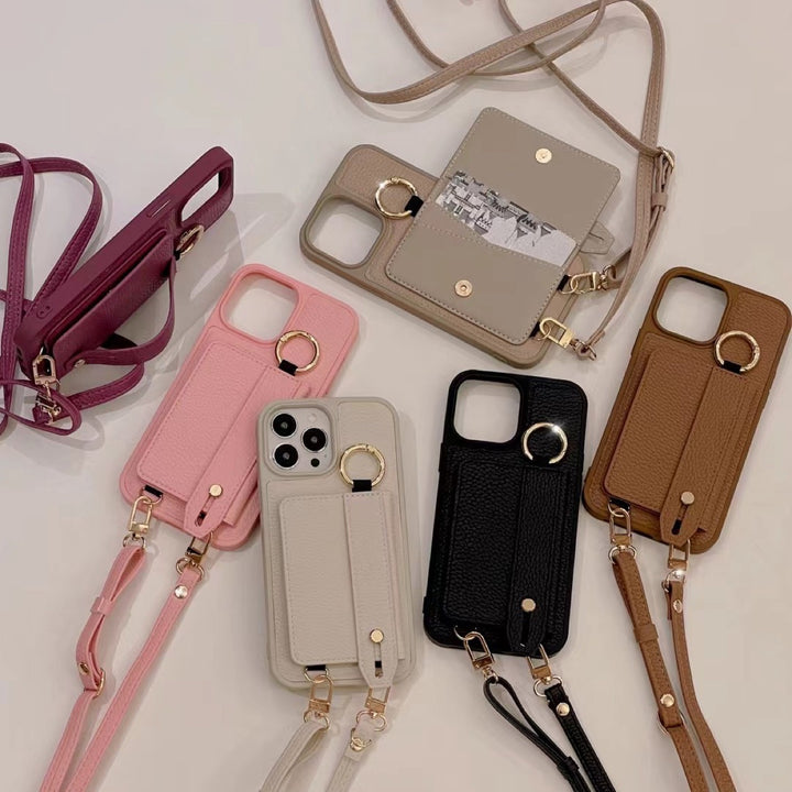 Wrist Strap Cross-body Lanyard Litchi Leather Phone Case