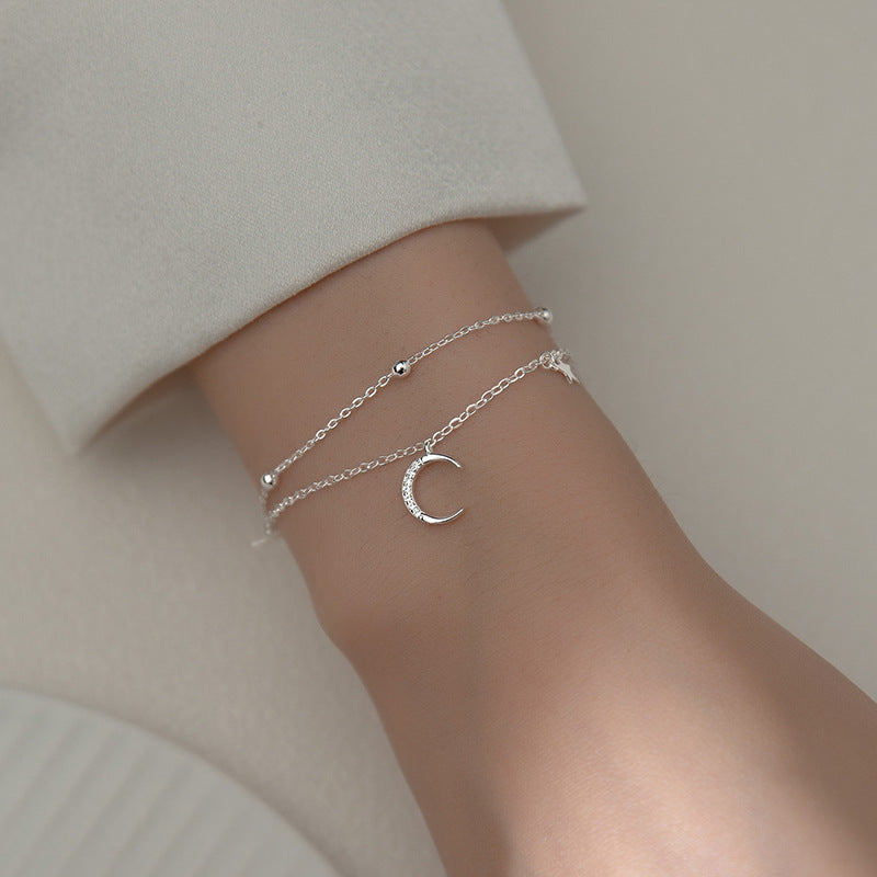 Genuine 925 Sterling Silver Fashion Double Chain Moon Star Bracelet For Women