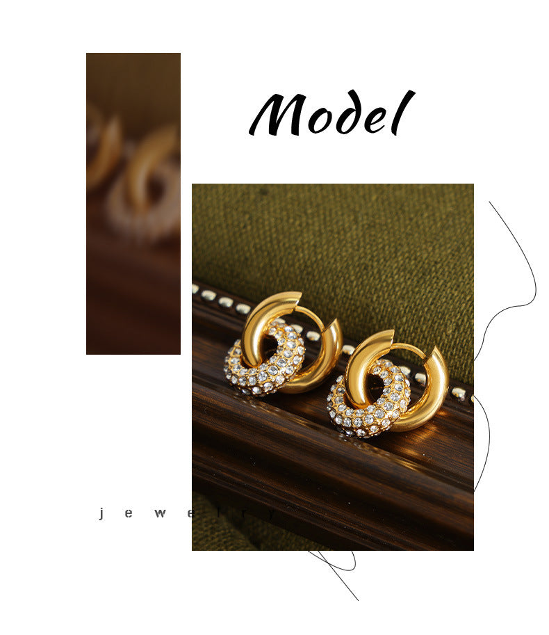 High-grade Light Luxury Personality Titanium Steel Gold-plated Diamond Round Versatile Earrings