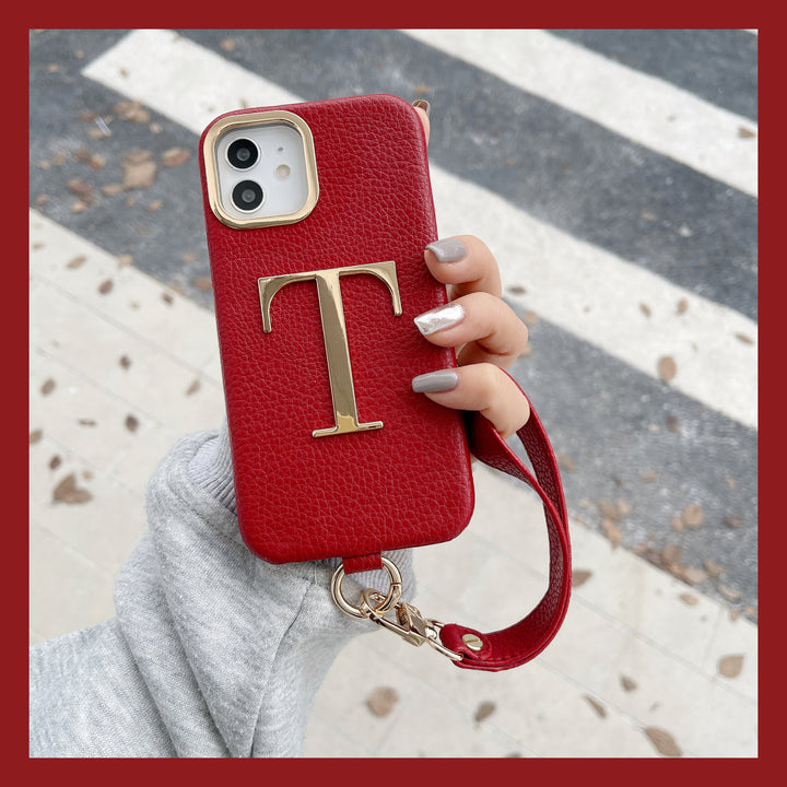 Litchi Pattern PU Metal Letter Phone Case