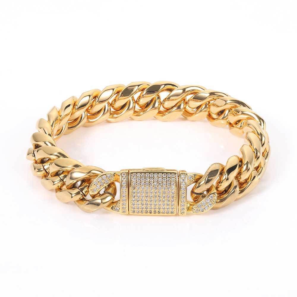 European Hip Hop Titanium Steel Bracelet Real Gold Plating Inlaid Zircon Flip Buckle