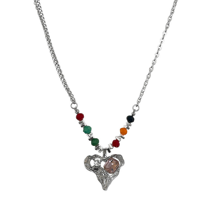 Colorful Beaded Stitching Heart Necklace