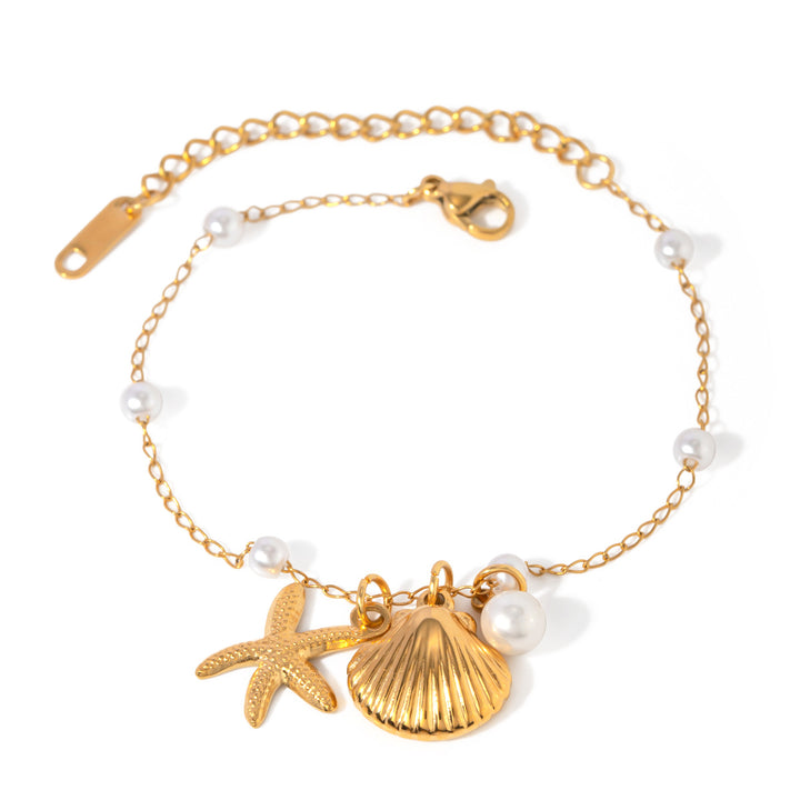 Fashion Jewelry 18K Gold Stainless Steel Pearl Chain Summer Holiday Shell Starfish Pendant Bracelet