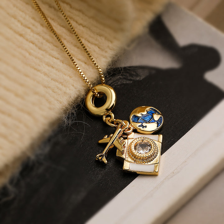 Creative Copper Gold Plated Zircon Camera Passport Pendant Necklace