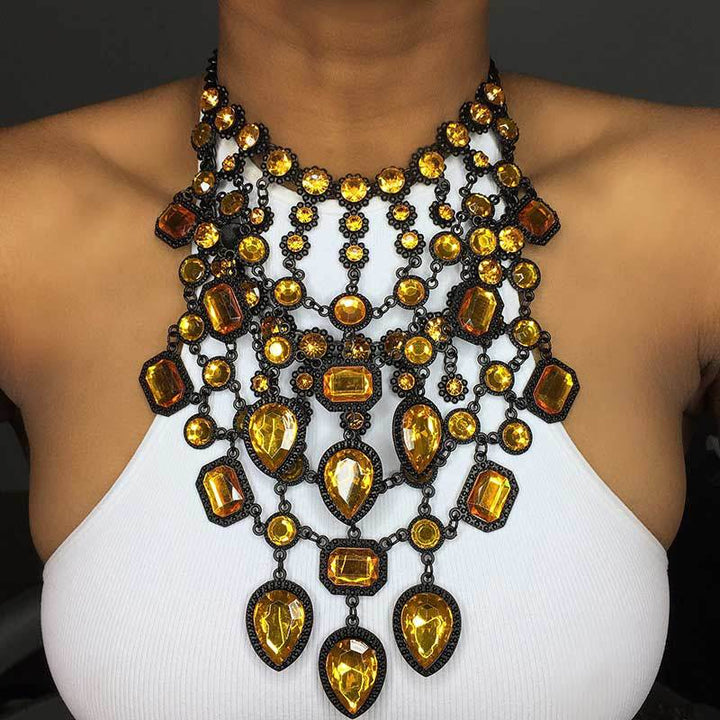 Creative Exaggerating Retro Multi-layer Style Alloy Inlaid Jewel Necklace