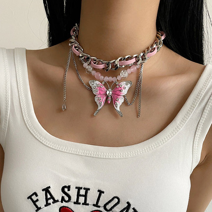 European And American Exaggerated Heavy Industry Pink Butterfly Woven Necklace