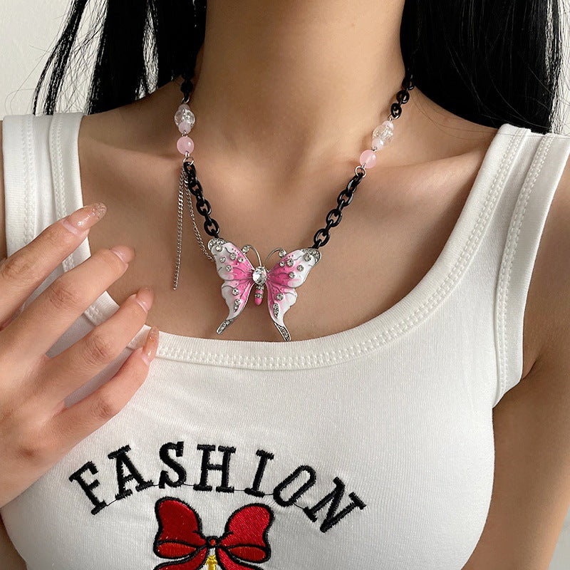 European And American Exaggerated Pink Butterfly Black Chain Necklace