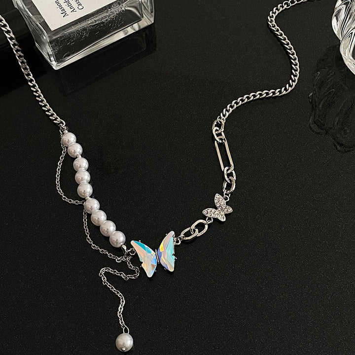 Colorful Diamond Butterfly Stitching Pearl Tassel Necklace