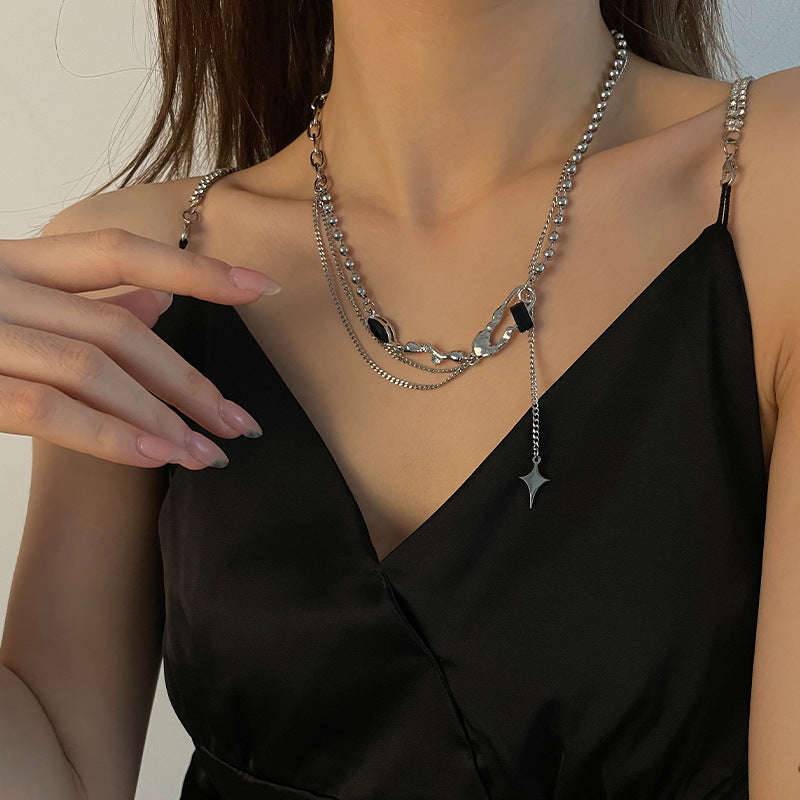 Black Diamond Pin Stitching Cross Tassel Necklace