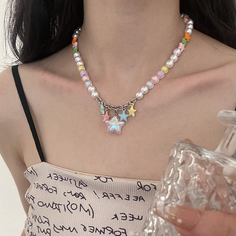 Colorful Five-pointed Star Stitching Pearl Necklace