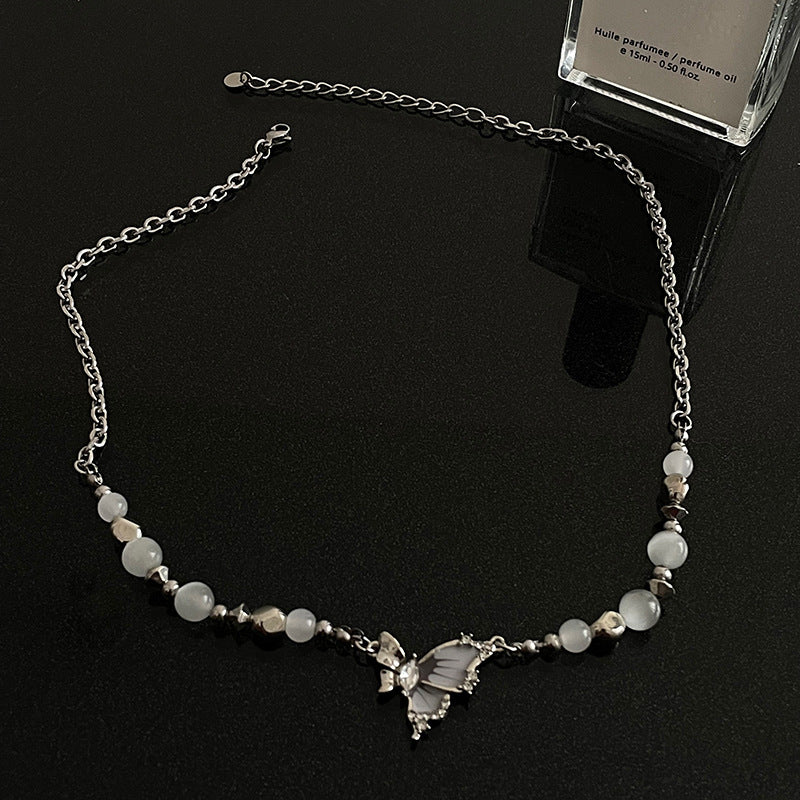 Gray Butterfly Stitching Opal Necklace